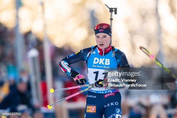 Juni Arnekleiv of Norway takes third place during the Women 10 km Pursuit at the BMW IBU World Cup Biathlon Ruhpolding on January 14, 2024 in...