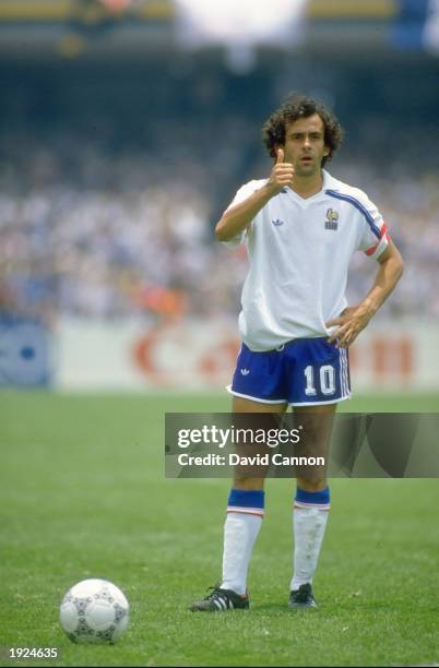 Michel Platini of France gives a thumbs up during the World Cup Second Round match against Italy at the Olympic Stadium in Mexico City. France won...