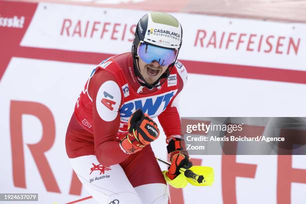 Manuel Feller of Team Austria celebrates during the Audi FIS Alpine Ski World Cup Men's Slalom on January 14, 2024 in Wengen, Switzerland.