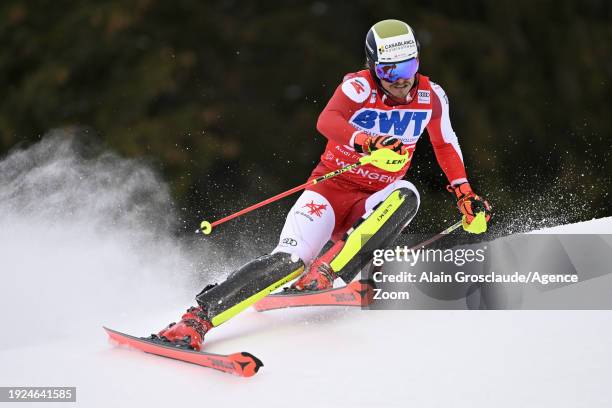 Manuel Feller of Team Austria in action during the Audi FIS Alpine Ski World Cup Men's Slalom on January 14, 2024 in Wengen, Switzerland.