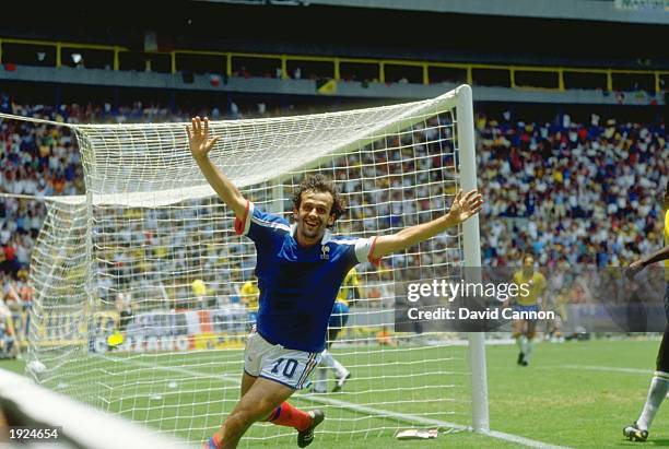 French Captain Michel Platini celebrates a goal during the World Cup quarter-final against Brazil at the Jalisco Stadium in Guadalajara, Mexico....
