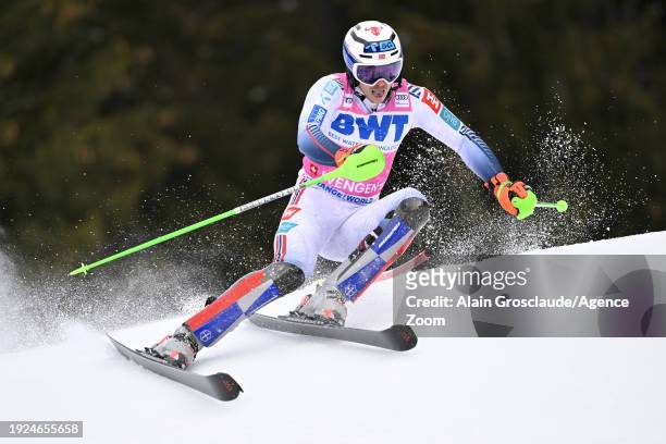 Henrik Kristoffersen of Team Norway in action during the Audi FIS Alpine Ski World Cup Men's Slalom on January 14, 2024 in Wengen, Switzerland.