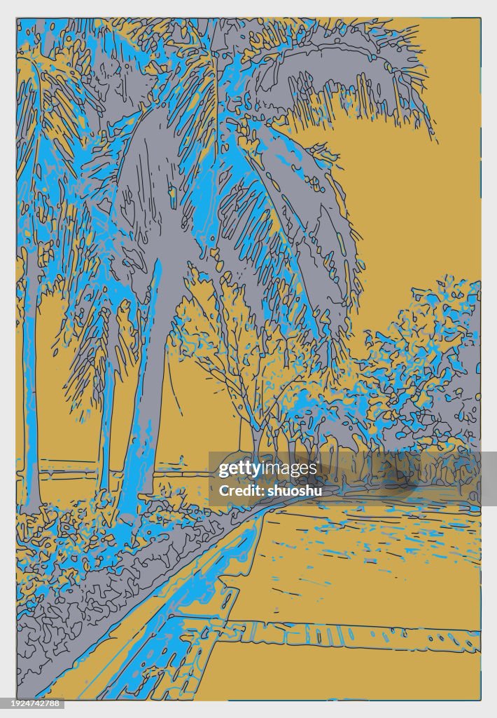 Outline printmaking style Palm tree in street side scene illustration background