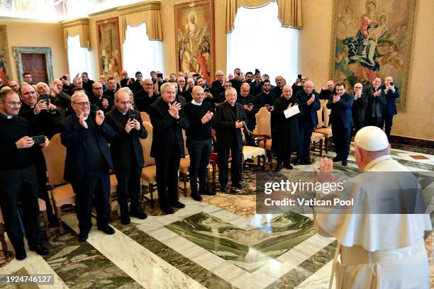 Pope Francis meets with members of an Institute of secular priests during an audience at the Apostolic Palace on January 11, 2024 in Vatican City,...