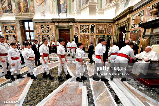 Pope Francis meets with members of the Italian “Bearers of St. Rose” sodality during an audience at the Apostolic Palace on January 11, 2024 in...