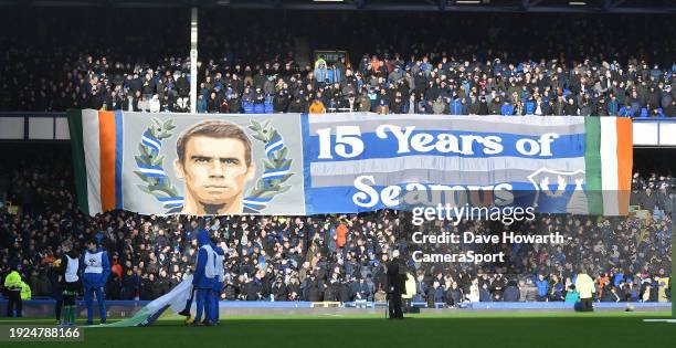 Celebrating 15 years of Seamusduring the Premier League match between Everton FC and Aston Villa at Goodison Park on January 14, 2024 in Liverpool,...