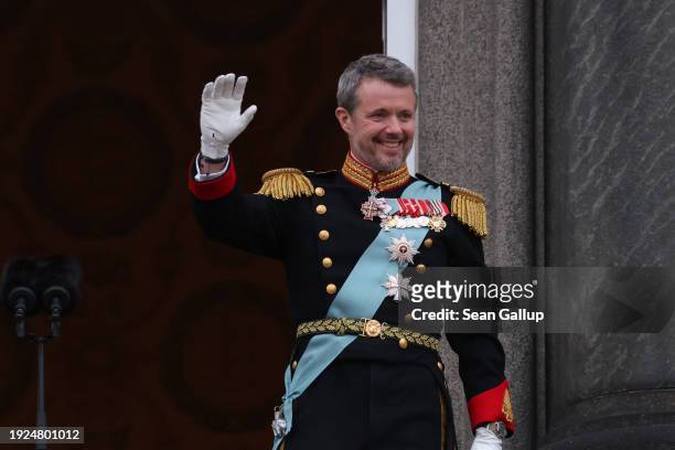 The Crown Prince is formally proclaimed new Danish King Frederik X by the Prime Minister, Mette Frederiksen on the balcony of Christiansborg Palace...