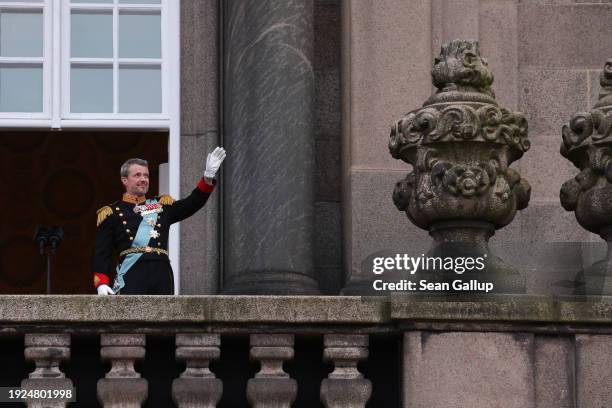 The Crown Prince is formally proclaimed new Danish King Frederik X by the Prime Minister, Mette Frederiksen on the balcony of Christiansborg Palace...