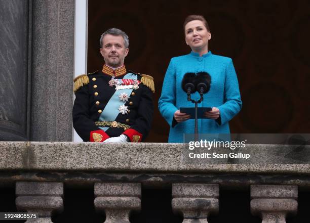 The Crown Prince is formally proclaimed new Danish King Frederik X by the Prime Minister, Mette Frederiksen on the balcony of Christiansborg Palace...