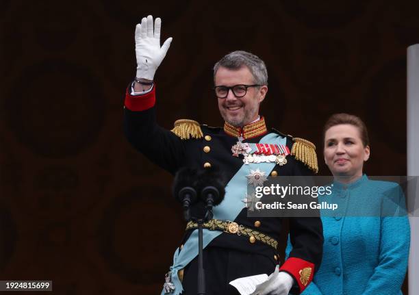 The Crown Prince is formally proclaimed new Danish King Frederik X by the Prime Minister, Mette Frederiksen on the balcony of Christiansborg Palace...