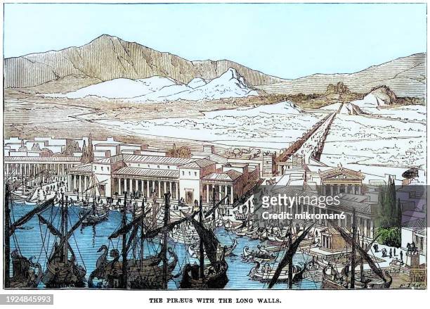 old engraved illustration of city piraeus, attica, greece - central greece stock pictures, royalty-free photos & images