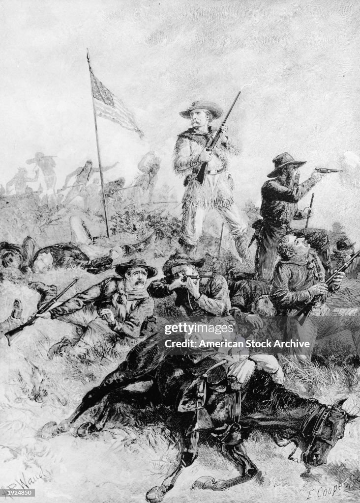 Custer Battle An engraving depicts the last stand of General Custer at the Battle ...