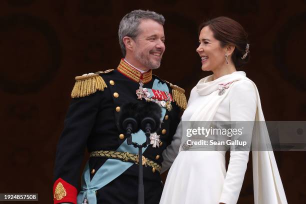 Danish King Frederik X and wife Queen Mary of Denmark after his proclamation by the Prime Minister, Mette Frederiksen on the balcony of...