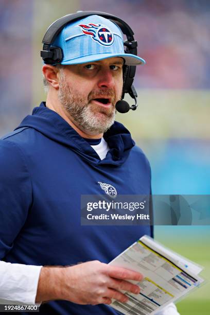 Defensive Coordinator Shane Bowen of the Tennessee Titans on the sidelines during the game against the Jacksonville Jaguars in Nashville, Tennessee...
