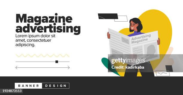 magazine advertising concept illustration. advertising campaigns. flat vector illustrations isolated on white background. use for business annual report, flyer, marketing, leaflet, advertising, brochure, modern style. - newspaper mockup stock illustrations