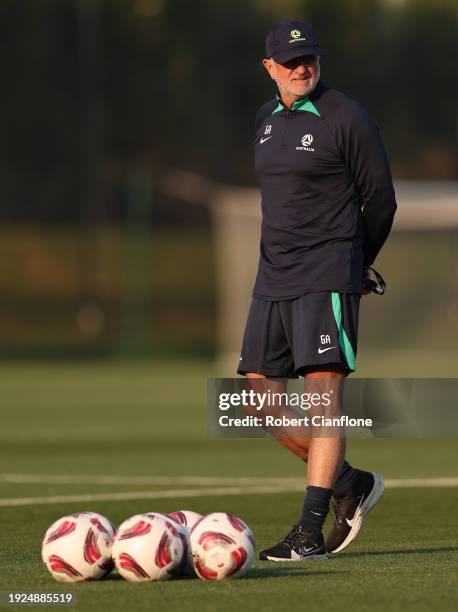 Australian coach Graham Arnold looks on during an Australia Socceroos training session ahead of the the AFC Asian Cup at Qatar University Field 11 on...