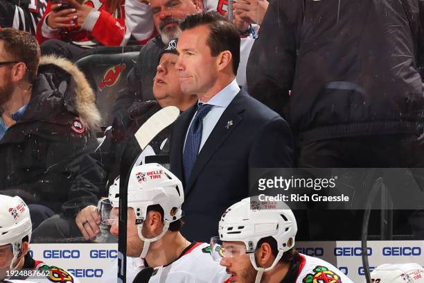 Luke Richardson head coach of the Chicago Blackhawks on the bench during the game against the New Jersey Devils at the Prudential Center on January...