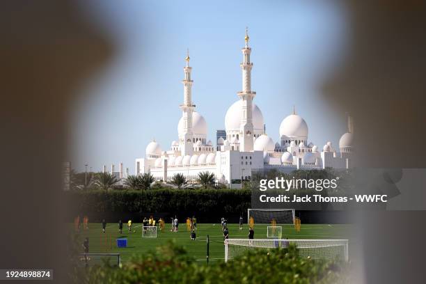 General view with the Sheikh Zayed Grand Mosque seen in the background during a Wolverhampton Wanderers warm weather training camp on January 09,...