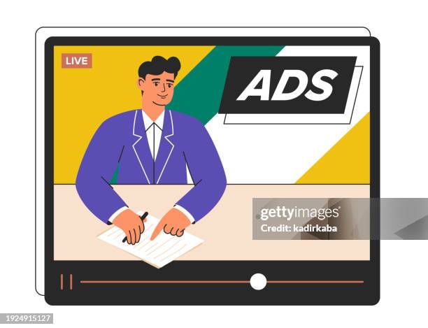 tv broadcast advertising concept illustration. advertising campaigns. flat vector illustrations isolated on white background. use for business annual report, flyer, marketing, leaflet, advertising, brochure, modern style. - tv studio screen stock illustrations