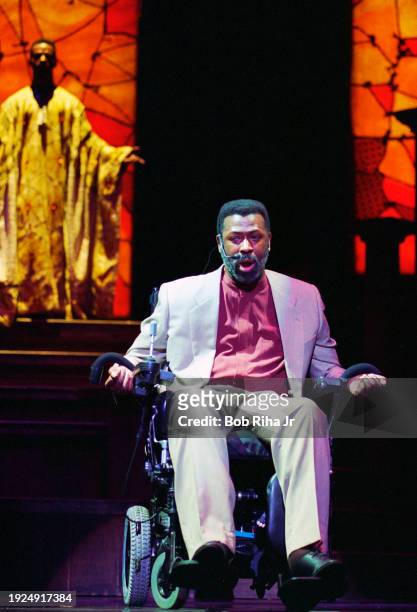 Singer Teddy Pendergrass performs during stage play Your Arm's too Short to Box with God, March 9, 1996 in Los Angeles, California.
