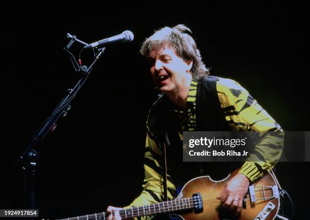 Singer Paul McCartney in concert at The Forum, November 23, 1989 in Inglewood, California.