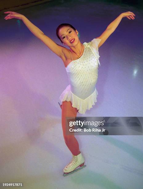 United States Olympic Team Skater Michelle Kwan during photo session at mountain training facility, January 18, 1997 at Lake Arrowhead, California.