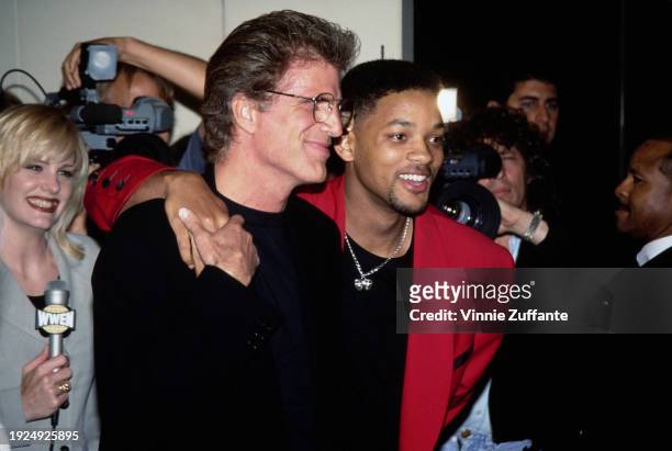 American actor Ted Danson and American actor and rapper Will Smith, attend the Westwood premiere of 'Made in America', held at the Mann Bruin Theatre...
