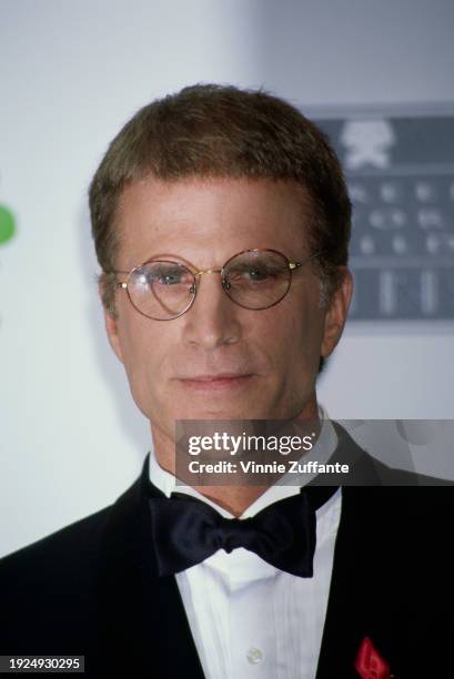 American actor Ted Danson, wearing a tuxedo and bow tie, in the press room of the 2nd Annual Screen Actors Guild Awards, held at the Santa Monica...