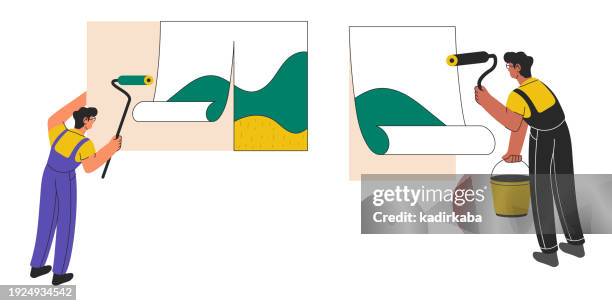 ilustrações de stock, clip art, desenhos animados e ícones de workers preparing billboards in the advertising industry. flat graphic vector illustration isolated on white background. advertising, billboard. - difusão de televisão