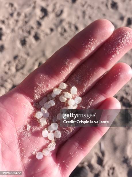 close-up of hand with pellet balls, microplastic, plastic pollution - granule stock pictures, royalty-free photos & images