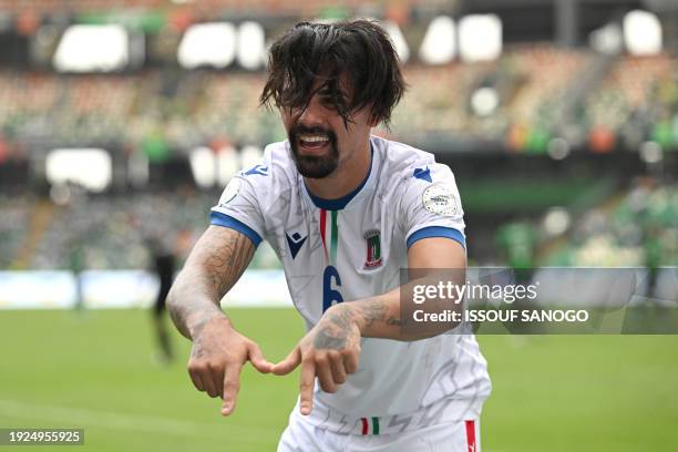 Equatorial Guinea's midfielder Iban Edu celebrates scoring his team's first goal during the Africa Cup of Nations 2024 group A football match between...