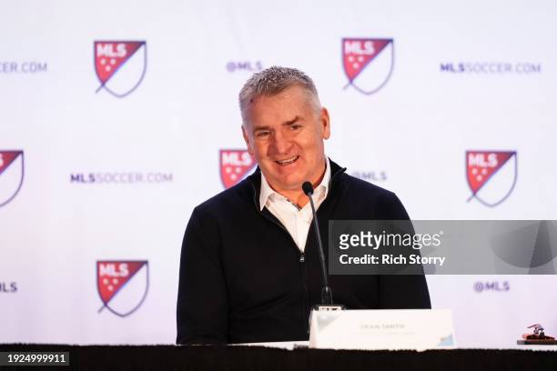 Dean Smith head coach of Charlotte FC speaks at a press conference during a MLS media day event at the Miami Convention Center on January 11, 2024 in...