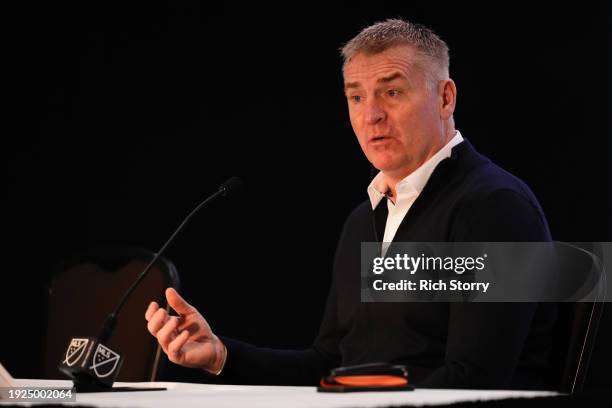 Dean Smith head coach of Charlotte FC speaks at a press conference during a MLS media day event at the Miami Convention Center on January 11, 2024 in...