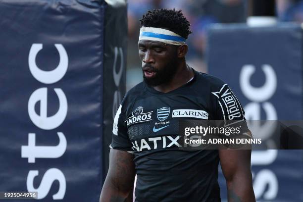 Racing92's South African flanker Siya Kolisi reacts after the European Rugby Champions Cup pool 2 match between Bath and Racing 92 at The Rec in...