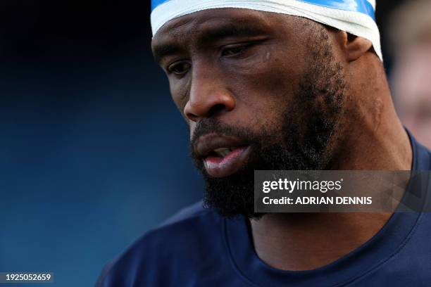 Racing92's South African flanker Siya Kolisi reacts ahead of the European Rugby Champions Cup pool 2 match between Bath and Racing 92 at The Rec in...