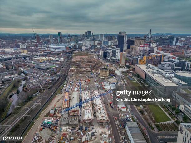 An aerial view shows the site of the Birmingham High Speed Rail 2 station construction site at Curzon Street on January 11, 2024 in Birmingham,...