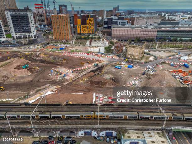 An aerial view shows the site of the Birmingham High Speed Rail 2 station construction site at Curzon Street on January 11, 2024 in Birmingham,...