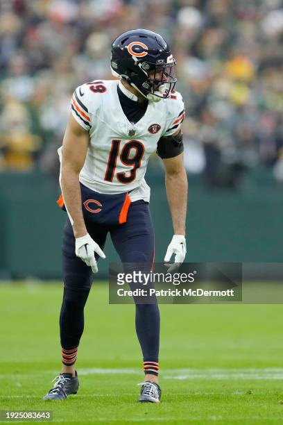 Equanimeous St. Brown of the Chicago Bears in action during the first half against the Green Bay Packers at Lambeau Field on January 07, 2024 in...