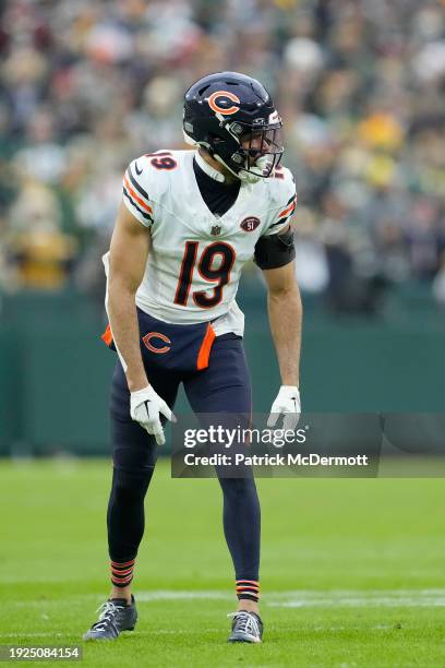 Equanimeous St. Brown of the Chicago Bears in action during the first half against the Green Bay Packers at Lambeau Field on January 07, 2024 in...