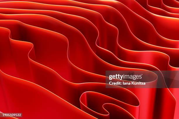 glossy metallic bright red waves background. abstract layered 3d pattern, composition. design element. - zyklus stock-fotos und bilder