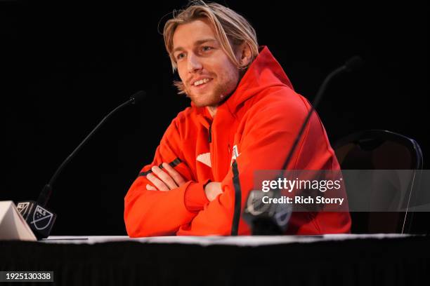 Emil Forsberg of the New York Red Bulls speaks at a press conference during a MLS media day event at the Miami Convention Center on January 11, 2024...