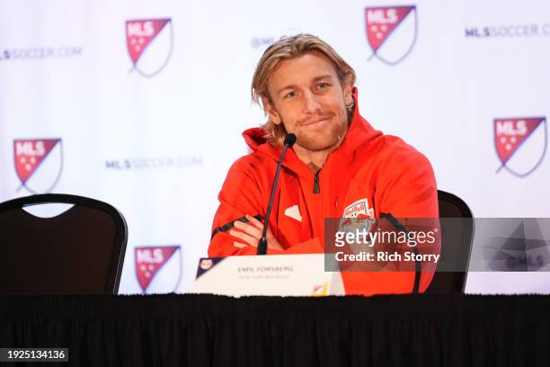 Emil Forsberg of the New York Red Bulls speaks at a press conference during a MLS media day event at the Miami Convention Center on January 11, 2024...