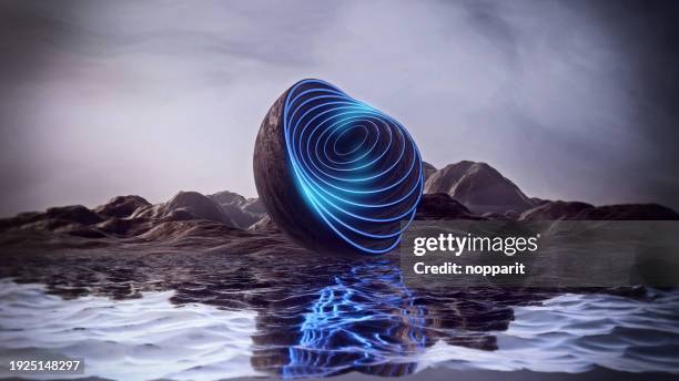 sci-fi landscape with glowing neon sphere - música cinematográfica fotografías e imágenes de stock