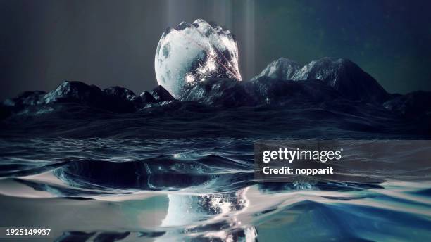 fantasy moon over ocean and mountain ridge - música cinematográfica fotografías e imágenes de stock
