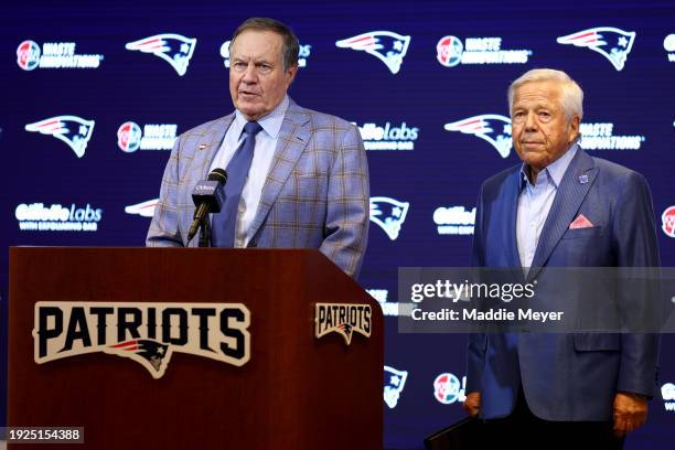 Head coach Bill Belichick of the New England Patriots speaks to the media as owner Robert Kraft looks on during a press conference at Gillette...