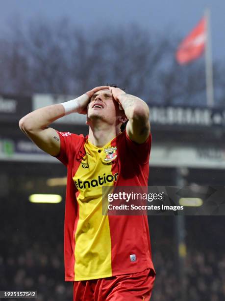 Thibo Baeten of Go Ahead Eagles disappointed during the Dutch Eredivisie match between Go Ahead Eagles v Ajax at the De Adelaarshorst on January 14,...