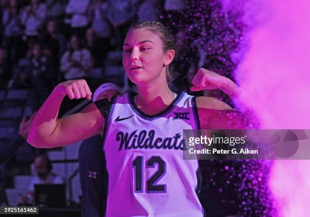 Gabby Gregory of the Kansas State Wildcats reacts during introductions before a game against the Oklahoma Sooners at Bramlage Coliseum on January 10,...