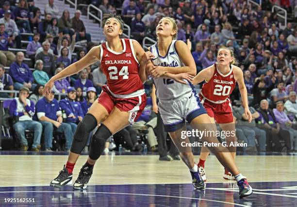 Gabby Gregory of the Kansas State Wildcats and Skylar Vann of the Oklahoma Sooners get in position for a rebound in the second half at Bramlage...