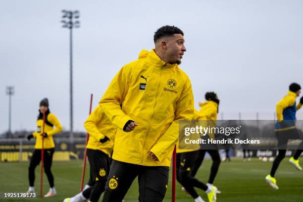 Jadon Sancho is seen during a training session after being signed by Borussia Dortmund on loan on January 11, 2024 in Dortmund, Germany.