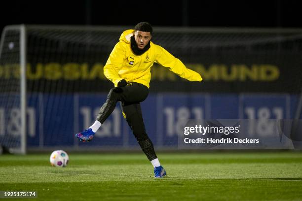 Jadon Sancho is seen during a training session after being signed by Borussia Dortmund on loan on January 11, 2024 in Dortmund, Germany.